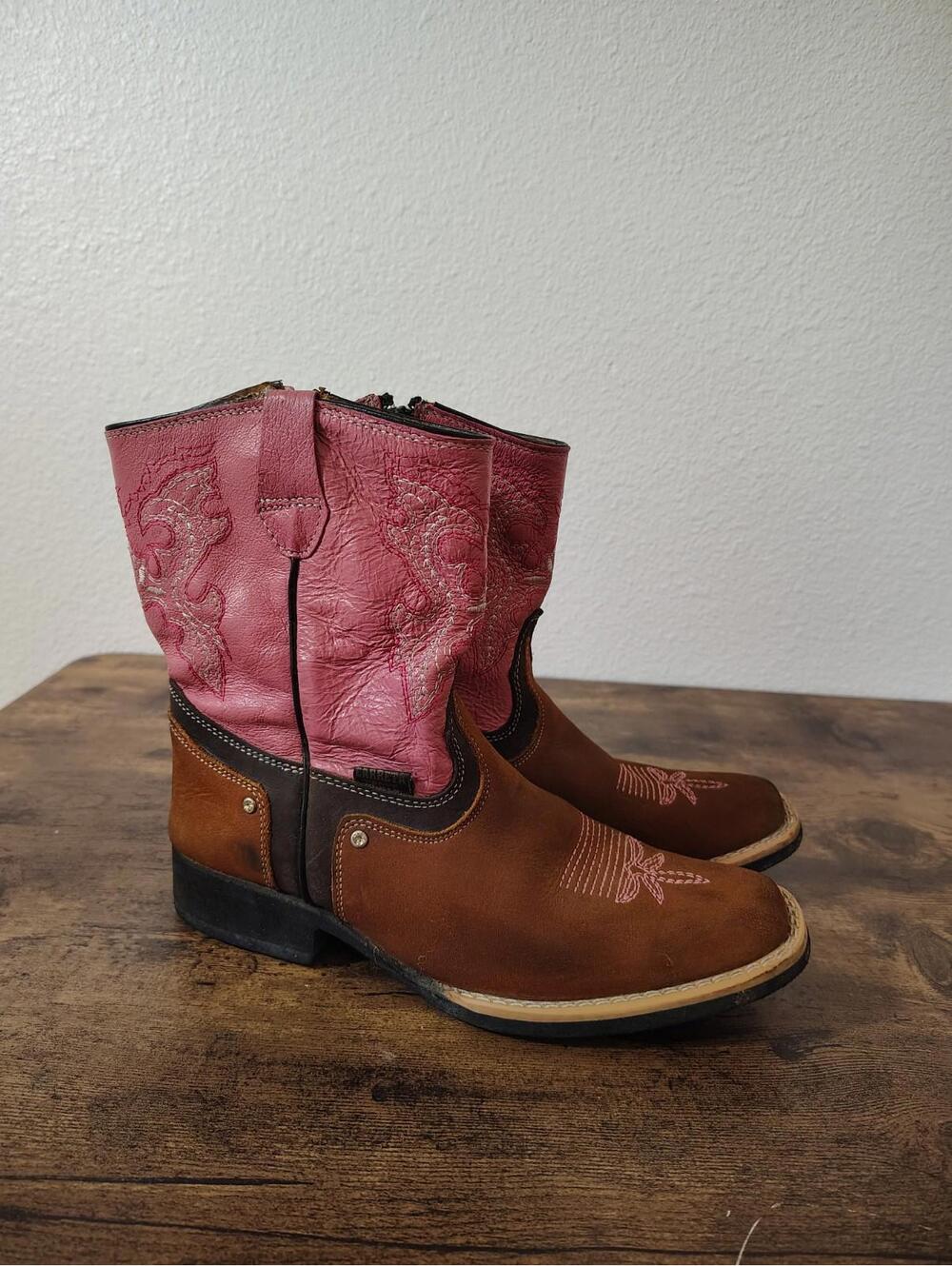 Girl Boots Leather Cowboy Western Pink Square toe Brown Made in Mexico 2.5 1.5 5